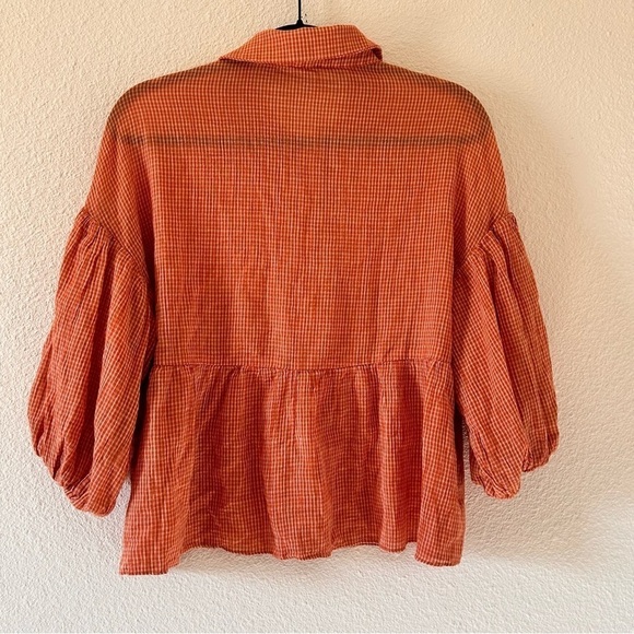 ON BLUE Women Small Boho Bell Sleeve Button Up Cottage Core Oversized Gingham - Picture 10 of 13